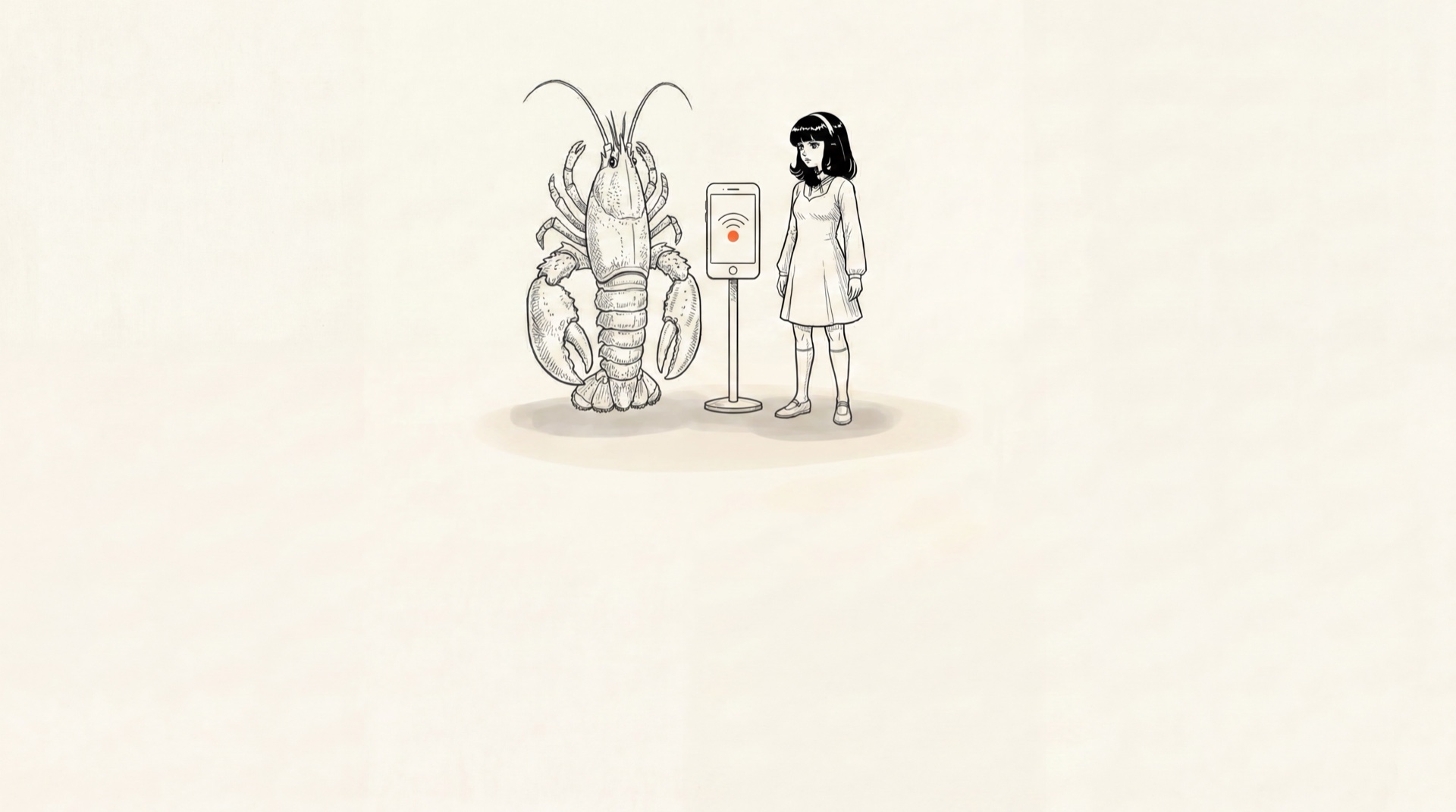 Pen-and-ink illustration of a lobster (the OpenClaw agent) and the Hermes agent standing side by side with a phone between them, representing keeping each local AI agent reachable from anywhere