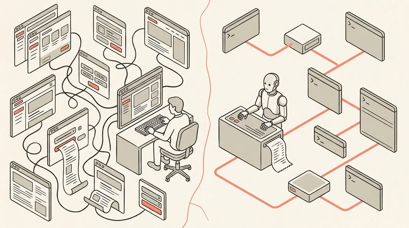 Split illustration of the human internet as browser windows and the agent internet as command surfaces, showing why agents need software built for structured routes instead of visual dashboards.