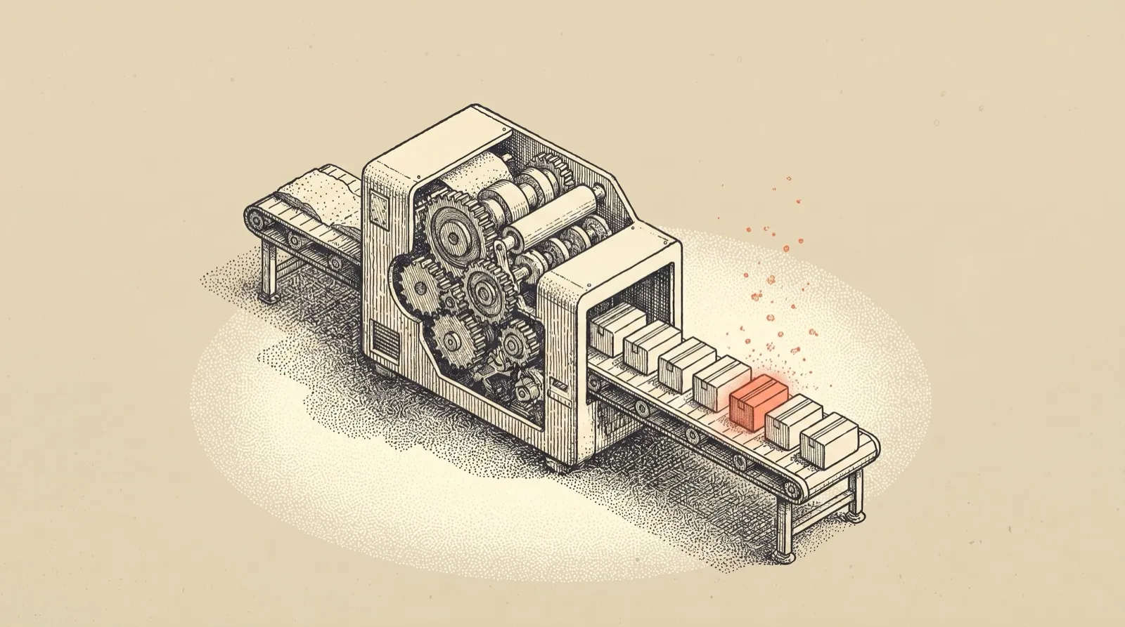Ink illustration of an automated machine and conveyor producing finished parcels — AI automation examples with real numbers for a business