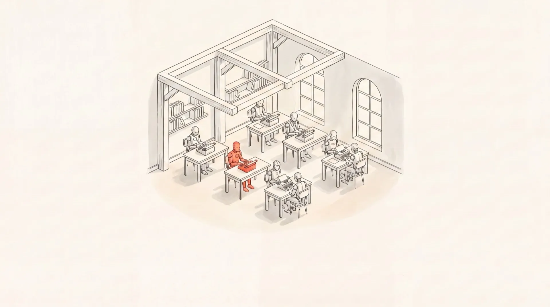 Pen-and-ink isometric illustration of a writers room of small robots with one highlighted, representing a 24/7 AI copywriting team