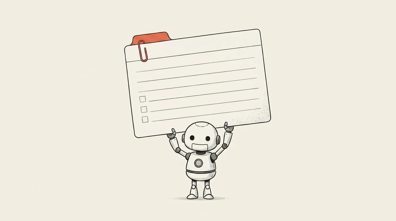 A small robot proudly holding up one large quick-reference card with blank ruled lines and a coral tab.