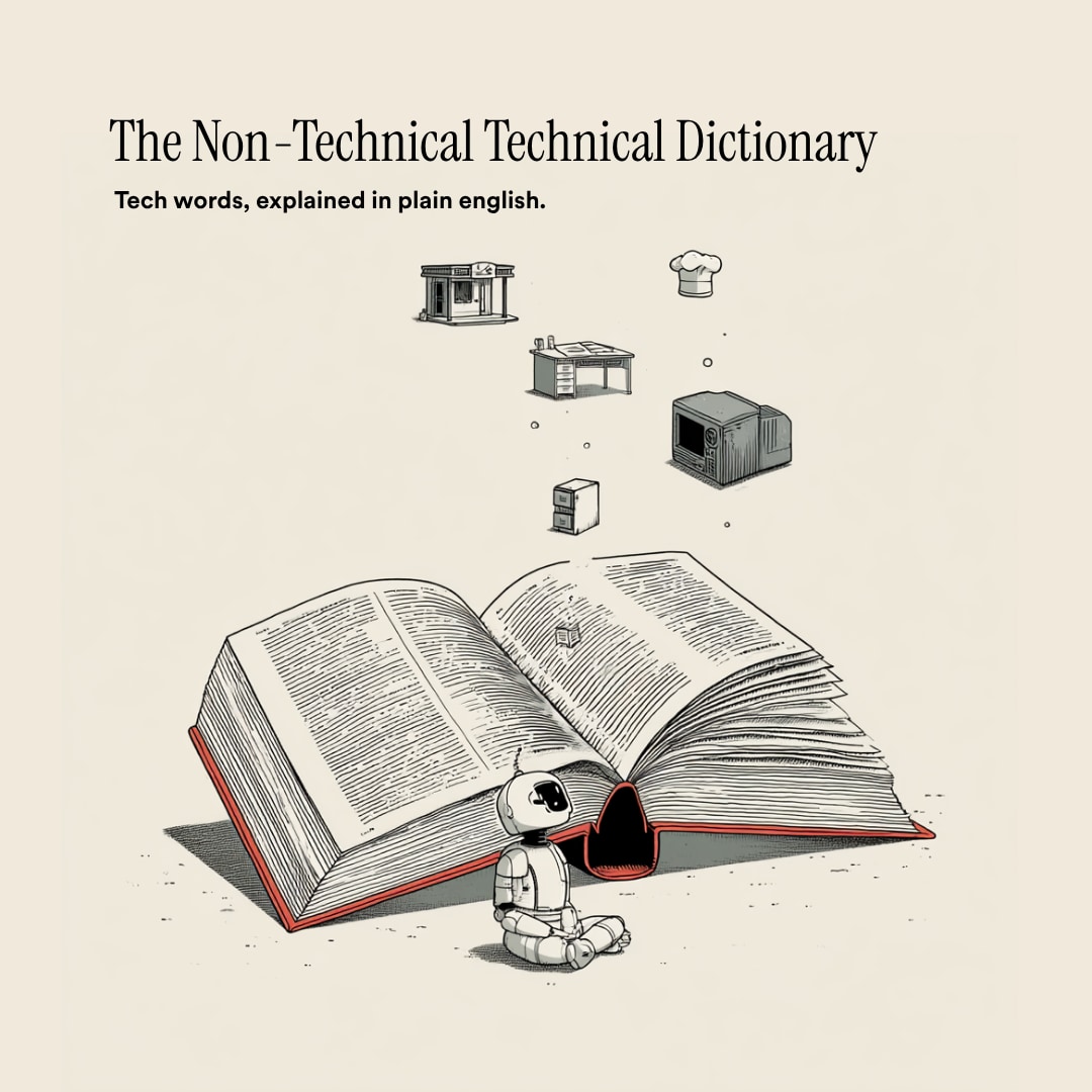 Non-Technical Technical Dictionary share card showing a finished AI illustration series card with text composed outside the image model