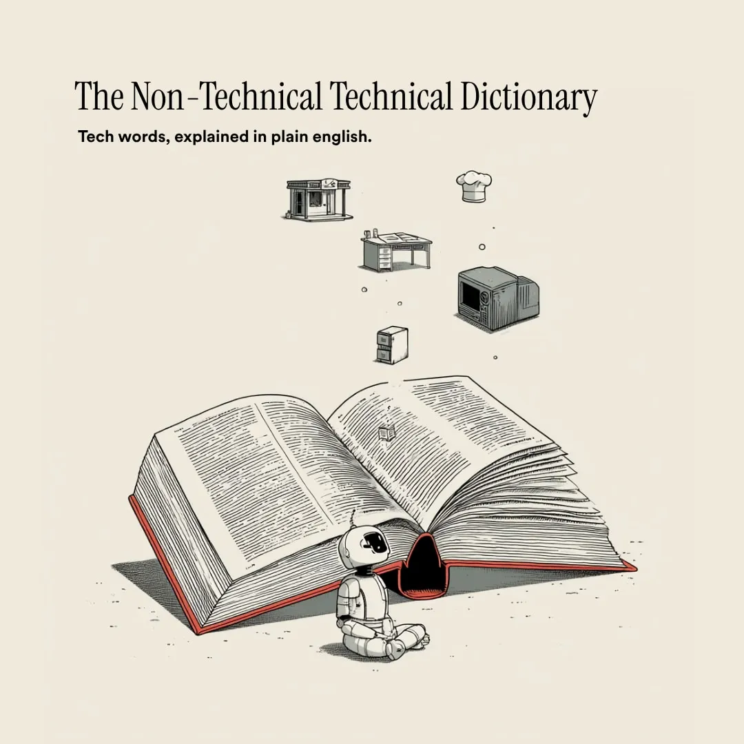 Non-Technical Technical Dictionary share card showing a finished AI illustration series card with text composed outside the image model