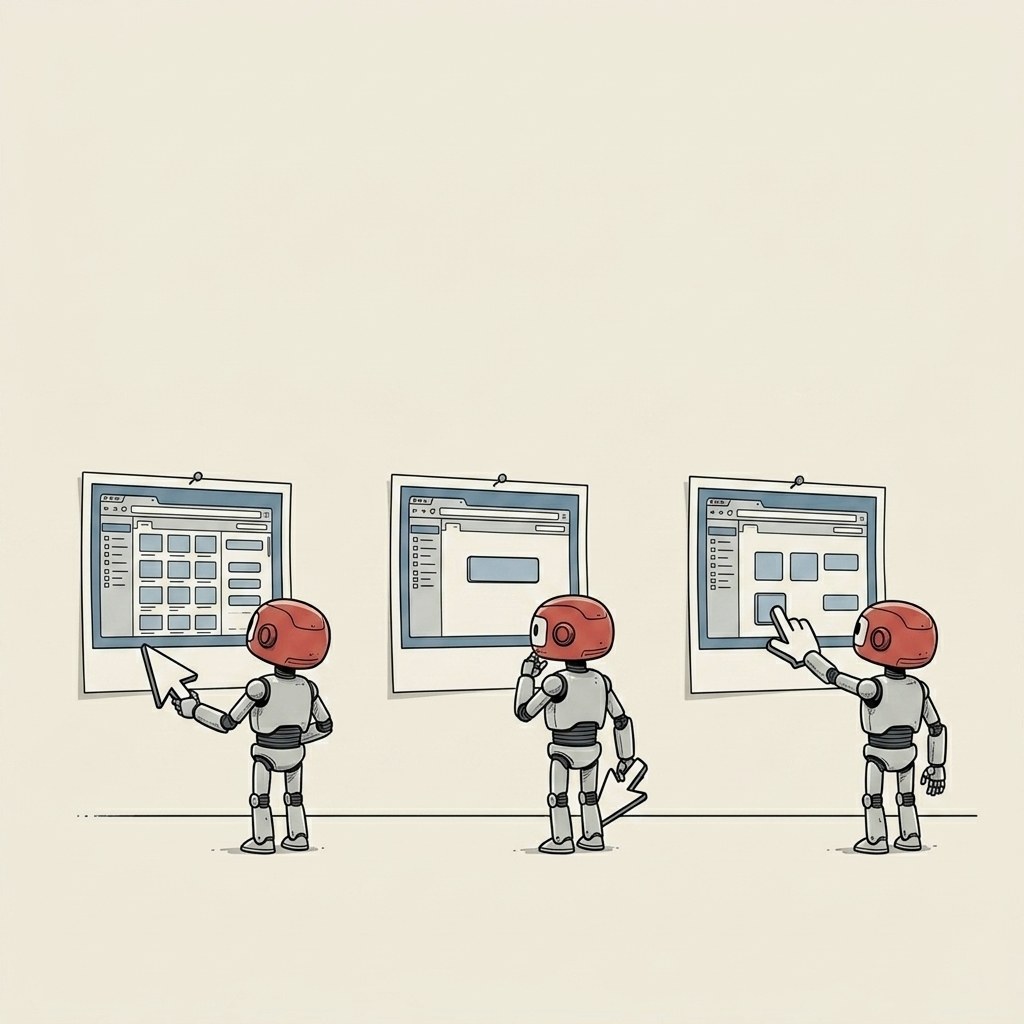 The Computer Use image: looking at a screen, deciding, clicking.