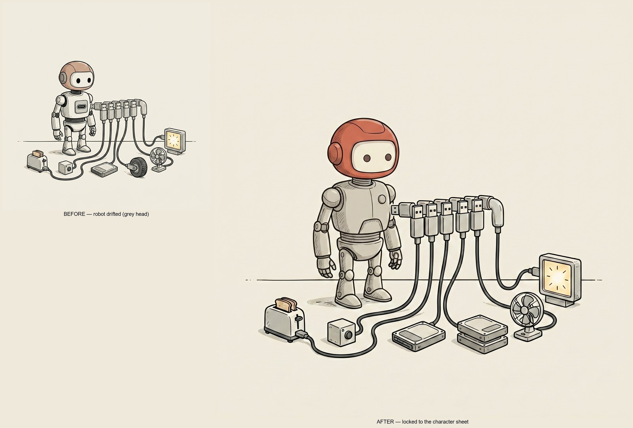 Before and after: same scene, same metaphor, the robot finally matches the character sheet.