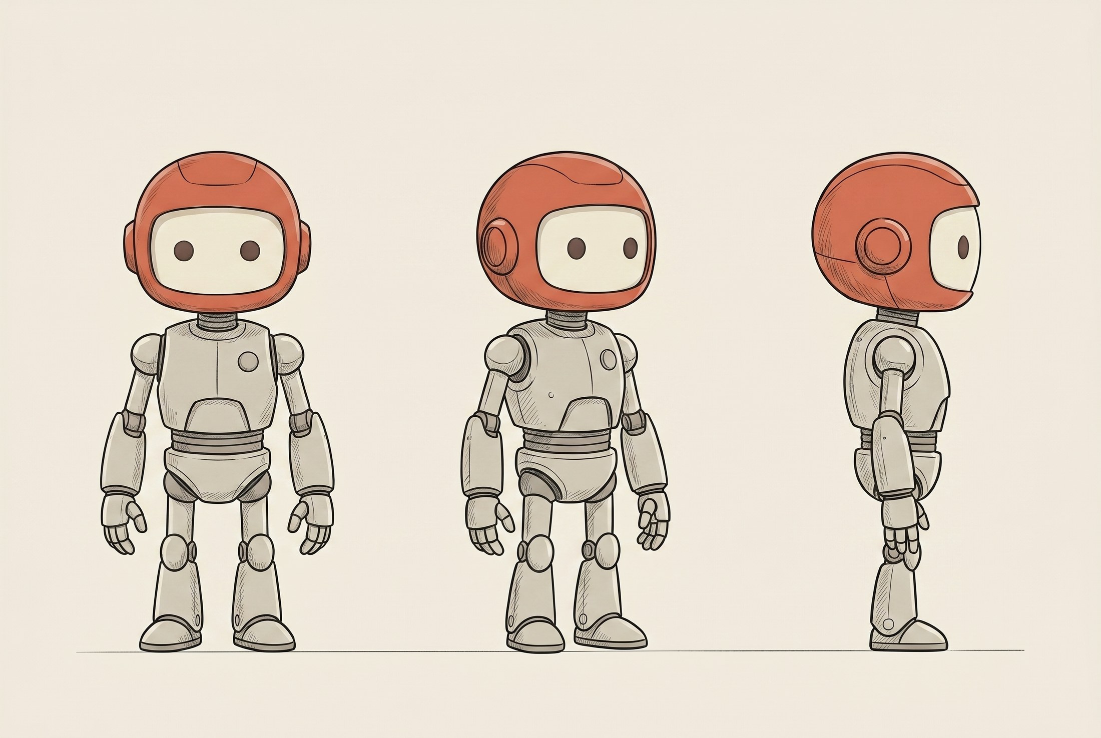 The robot character sheet: one clean turnaround that becomes the single source of truth for every frame.