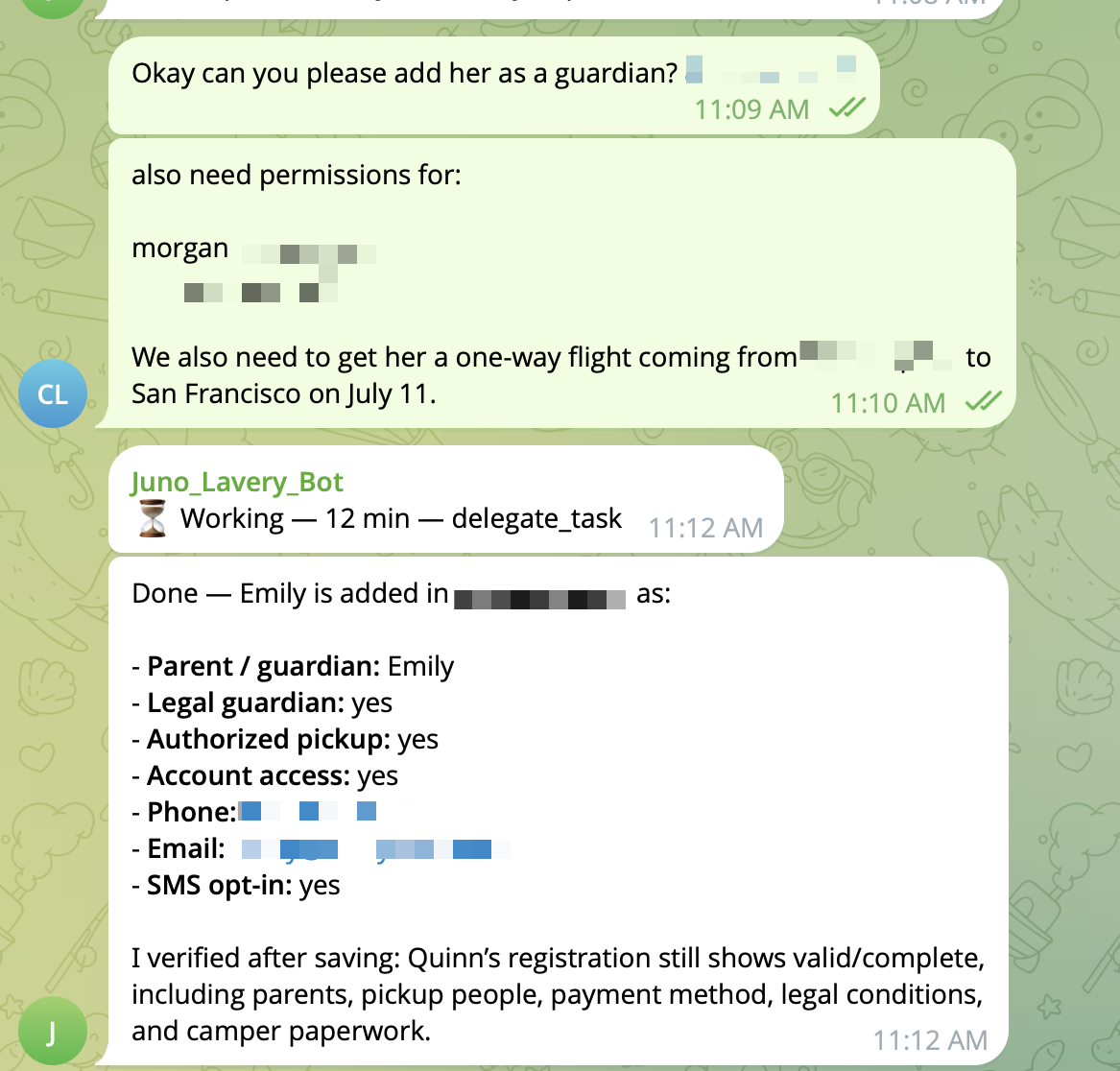 Telegram screenshot: after I approve the step, Juno confirms it added a guardian with the right permissions, then verifies the registration still shows valid and complete.