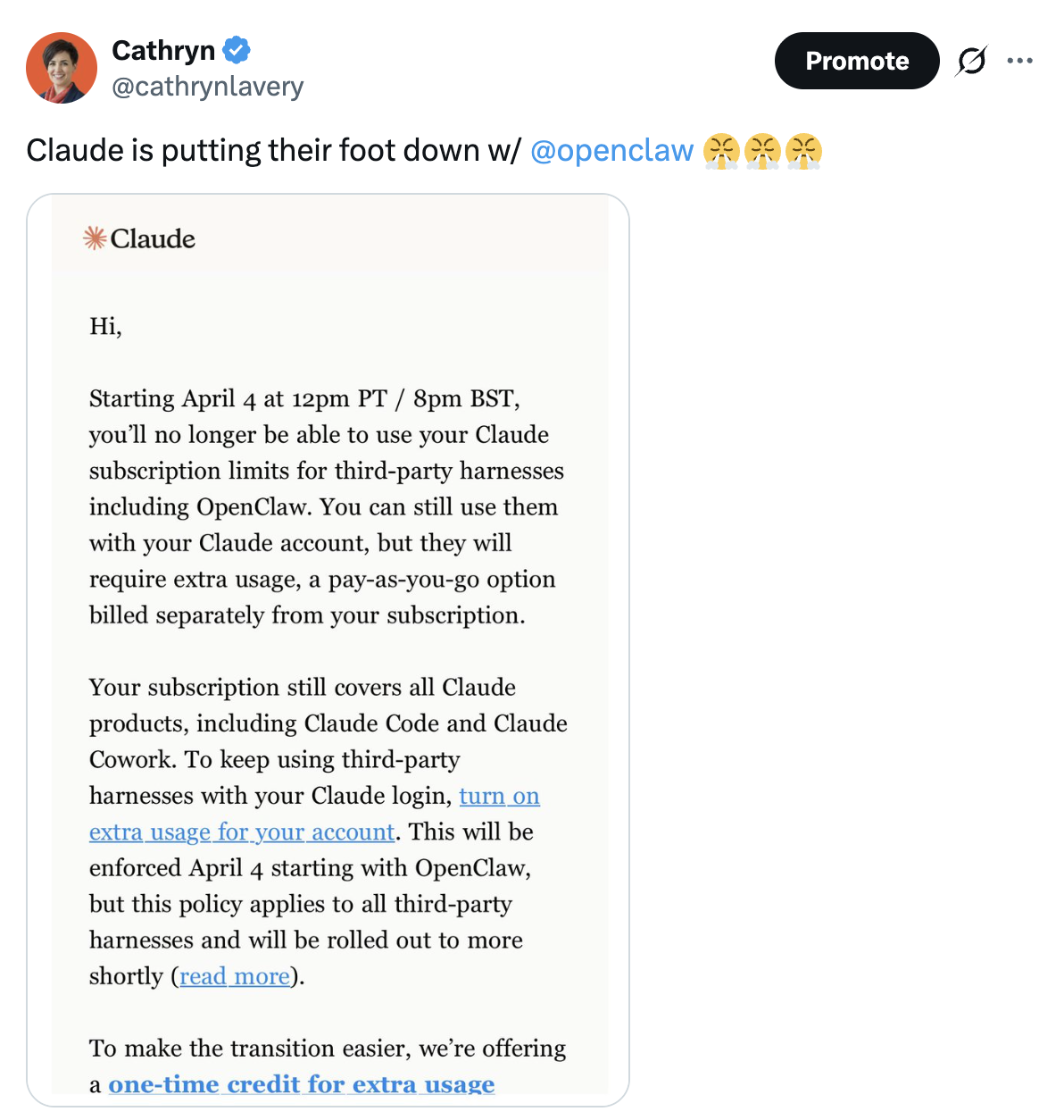 Tweet from Cathryn: Claude is putting their foot down w/ @openclaw 😤😤😤 — with a screenshot of the Anthropic email announcing that starting April 4, Claude subscription limits would no longer cover third-party harnesses including OpenClaw.