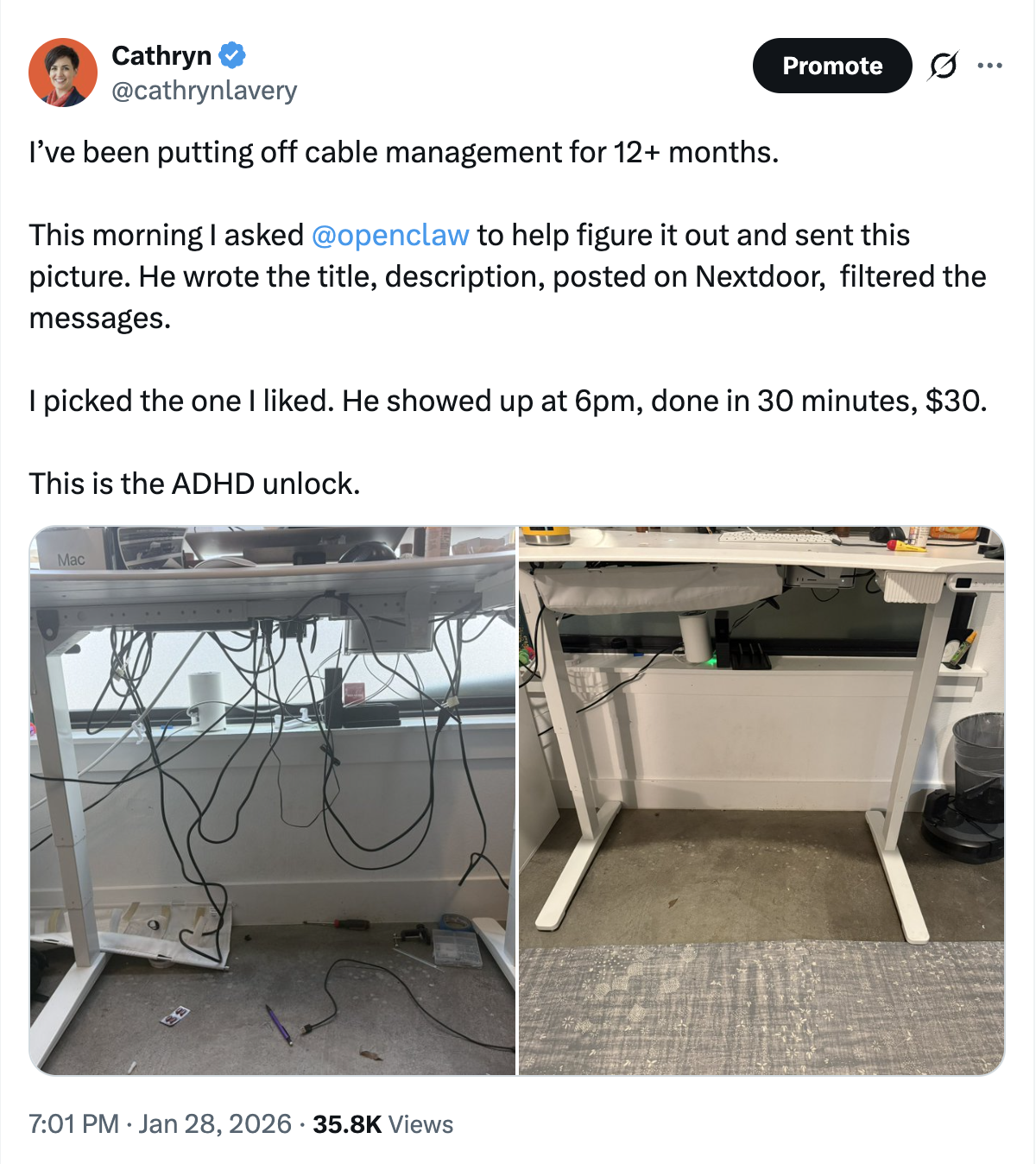 Tweet from Cathryn: I've been putting off cable management for 12+ months. This morning I asked @openclaw to help figure it out and sent this picture. He wrote the title, description, posted on Nextdoor, filtered the messages. I picked the one I liked. He showed up at 6pm, done in 30 minutes, $30.